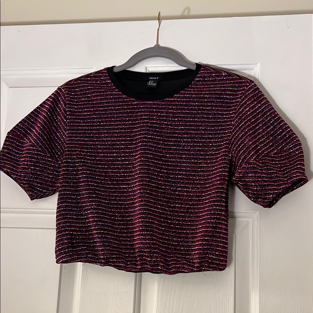 Silver Blue and Red Striped Women's Top